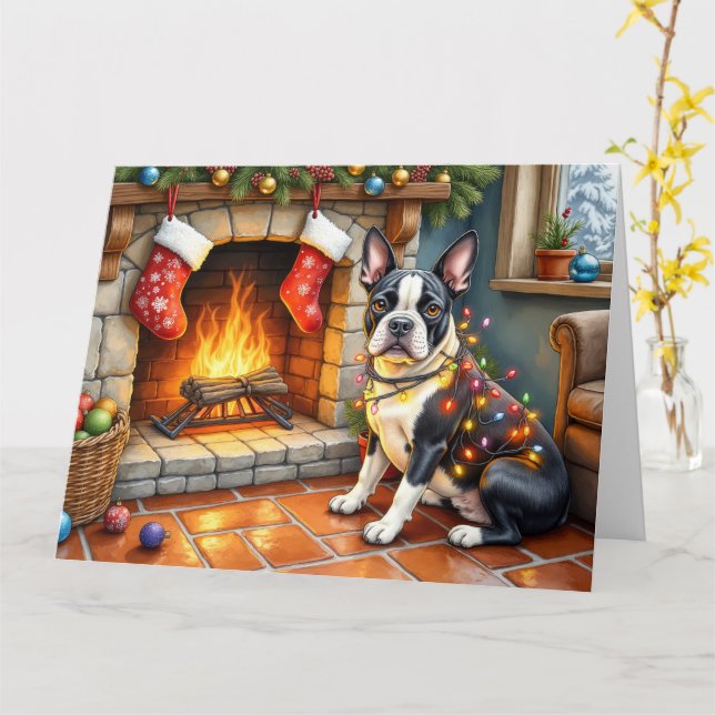 Carte Boston Terrier Fireplace with Christmas Lights (Fleur jaune)