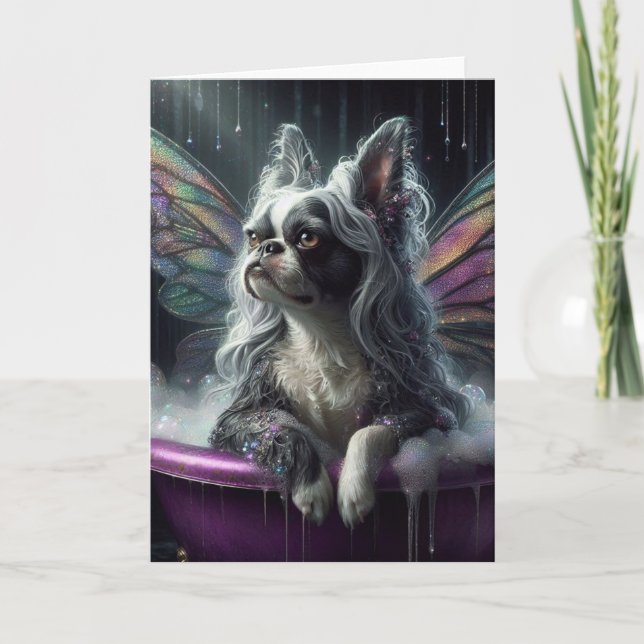 Carte Boston Terrier Gris Fairy Wig dans une baignoire v (Devant)