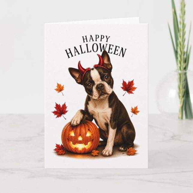 Carte Boston Terrier Halloween Diable Chien (Devant)