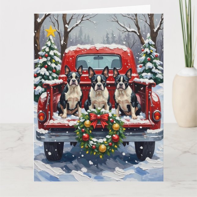 Carte Boston Terrier Noël Camion Rouge Fêtes (Devant)