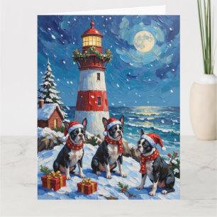 Carte Boston Terrier Noël Phare Vacances