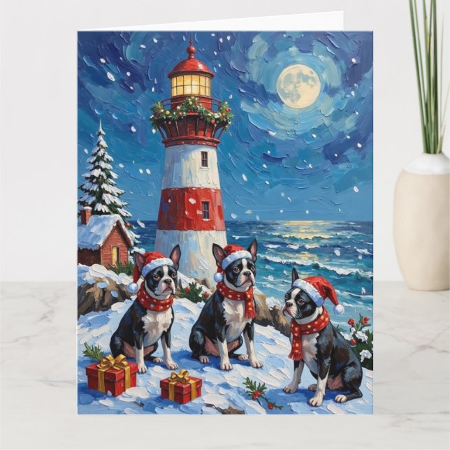 Carte Boston Terrier Noël Phare Vacances (Devant)
