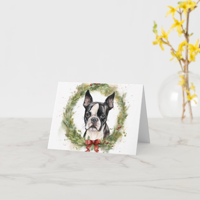 Carte Boston Terrier Noël Wreath Festive Pup (Fleur jaune)