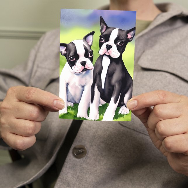 Carte Boston Terrier Puppies Aquarelle Salutation (Créateur téléchargé)