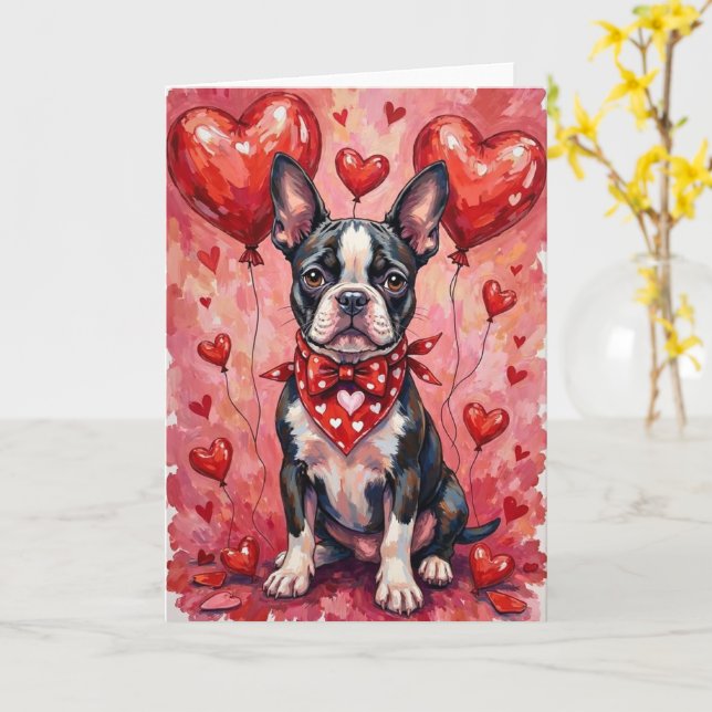 Carte Boston Terrier Valentine’s Day Dog with Hearts Red (Fleur jaune)