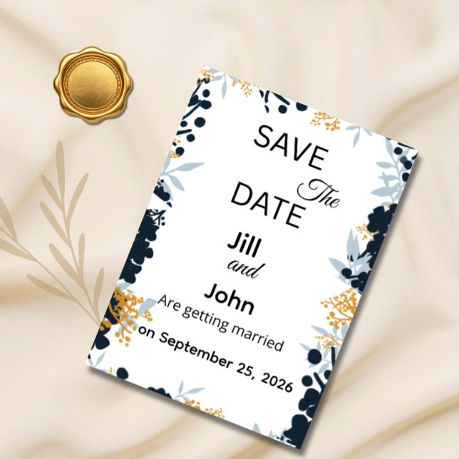 Carte Botanique de Mariage Bleu Or 'Save The Date' (Créateur téléchargé)
