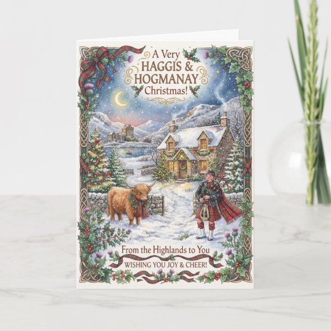 Carte botanique de Noël avec cerf écossais (Devant)