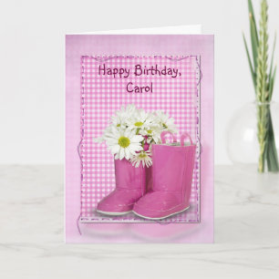 Carte Bottes d'anniversaire rose avec marguerites