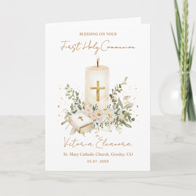 Carte Bougie de première communion avec feuillage de Bib (Devant)