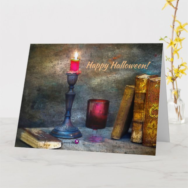 Carte Bougie rouge vintage Joyeux Halloween et vieux liv (Fleur jaune)