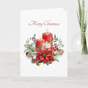 Carte Bougies d'aquarelle et bouquet floral Noël