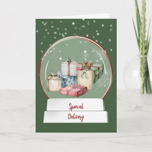Carte Boule à neige festive avec chat et cadeaux