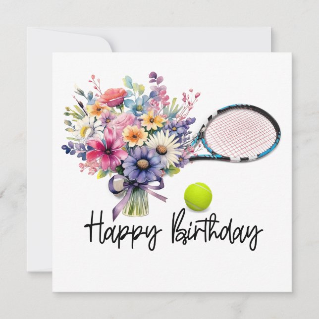 Carte Boule de tennis et raquette avec fleurs pour Anniv (Devant)