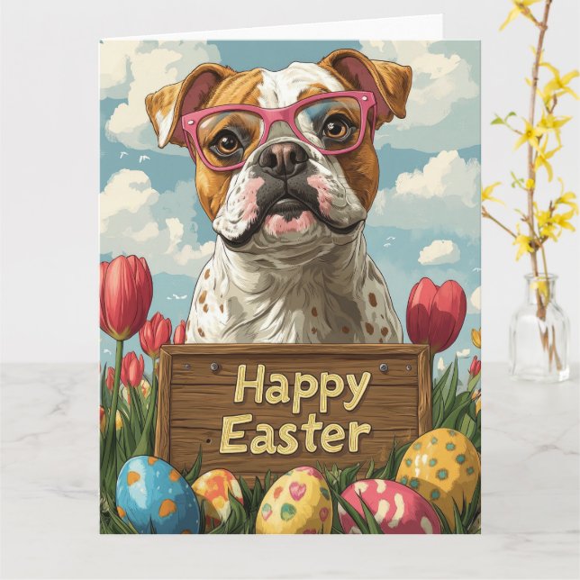 Carte Bouledogue Américain  Œufs de Pâques (Fleur jaune)