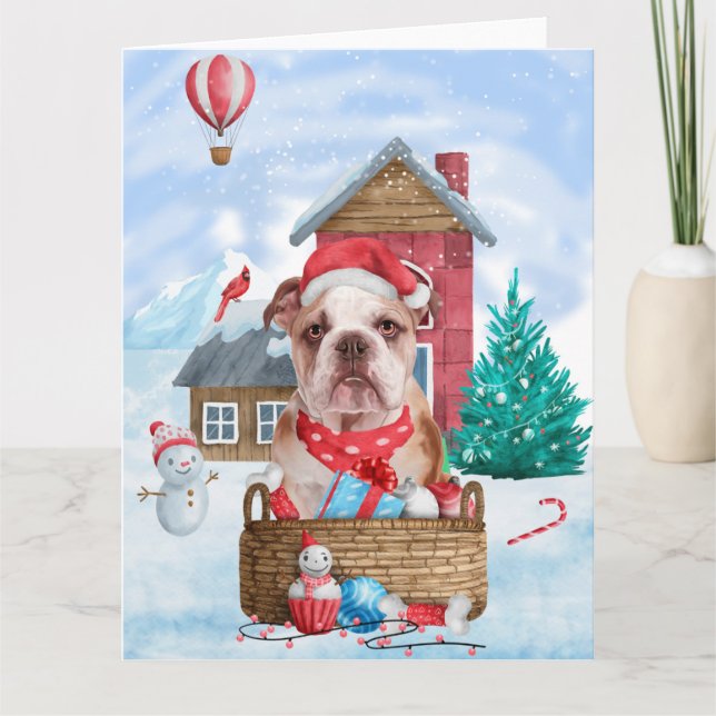 Carte Bouledogue anglais dans la maison de Noël enneigée (Devant)
