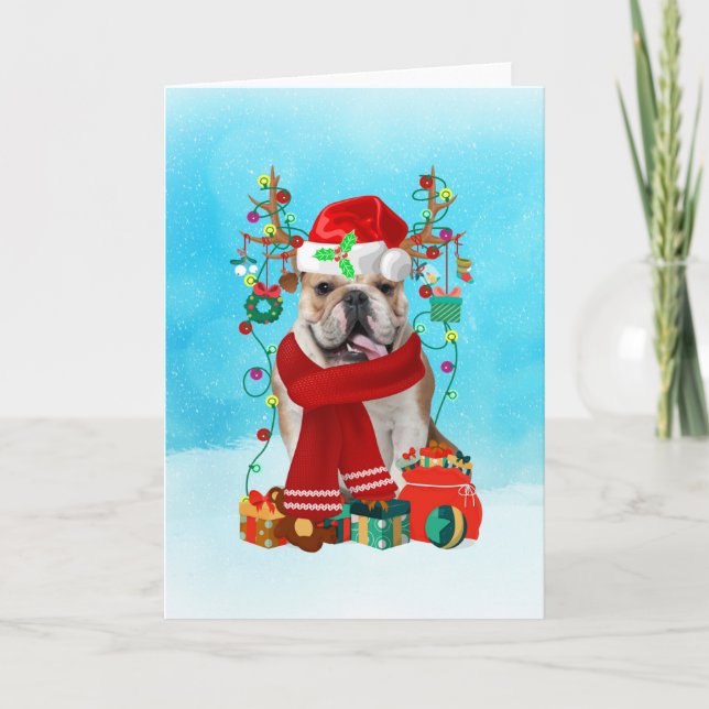 Carte Bouledogue anglais dans la neige avec des cadeaux  (Devant)