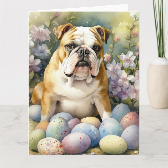 Carte Bouledogue avec vacances de œufs de Pâques (Devant)