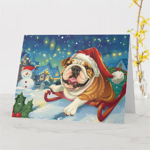 Carte Bouledogue en traîneau Noël enneigé