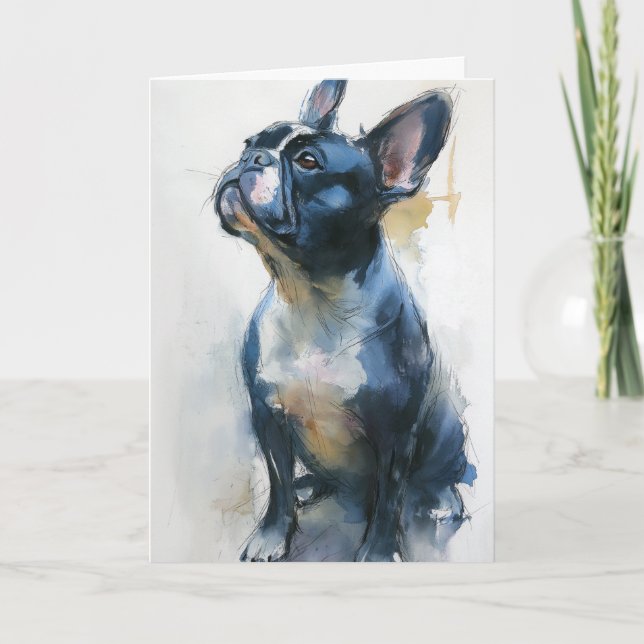 Carte Bouledogue français aquarelle assis (Devant)