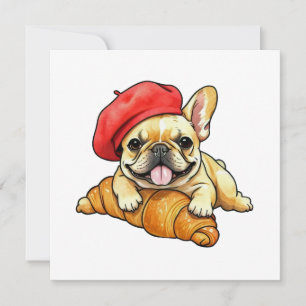 Carte Bouledogue français avec béret croissant Drôle Fre