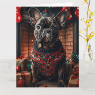 Carte Bouledogue français avec des cadeaux de Noël chemi