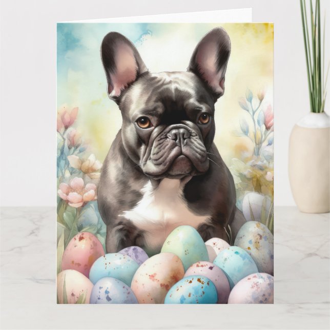 Carte Bouledogue français avec œufs de Pâques (Devant)