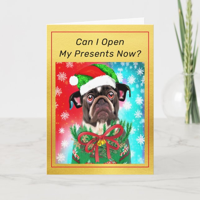 Carte Bouledogue français avec un chapeau de Père Noël C (Devant)