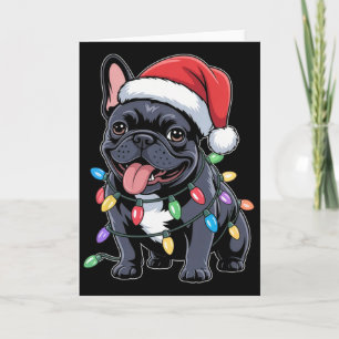 Carte Bouledogue français chapeau de Père Noël lumières
