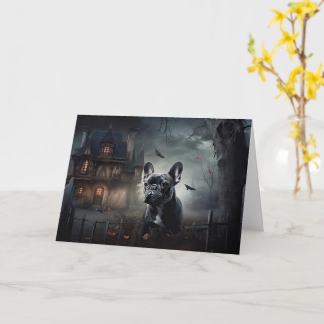 Carte Bouledogue français Halloween effrayant (Fleur jaune)