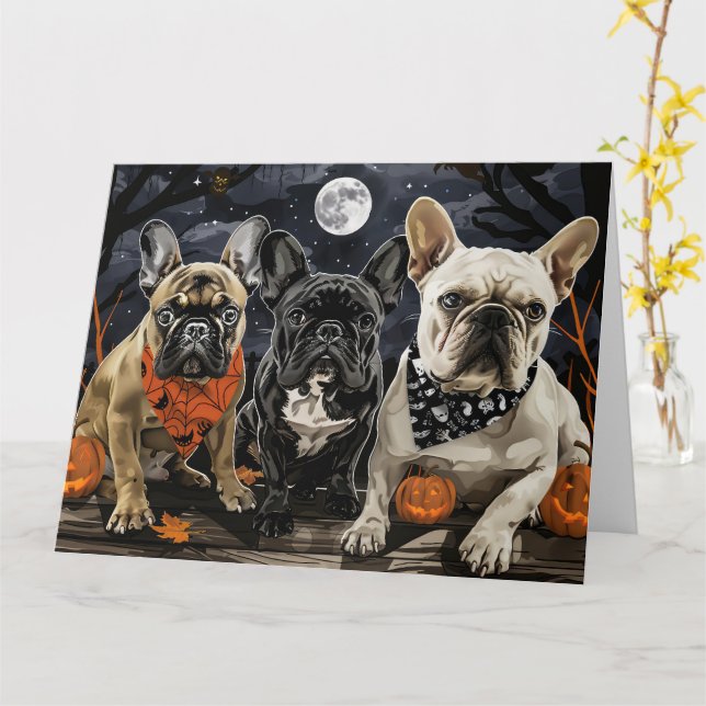 Carte Bouledogue français Halloween épouvantable (Fleur jaune)
