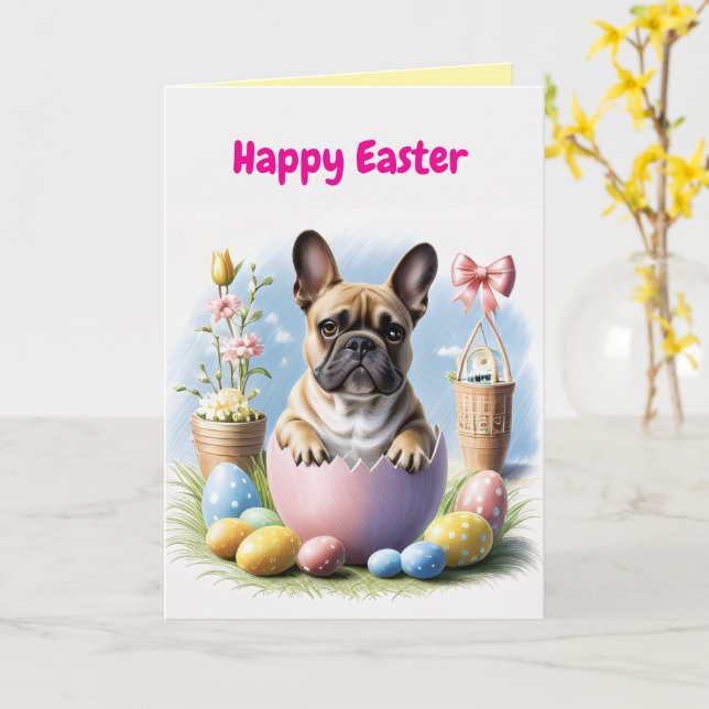 Carte Bouledogue français Joyeuses Pâques French Bulldog (Fleur jaune)