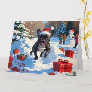 Carte Bouledogue français noir scène de Noël festive nei