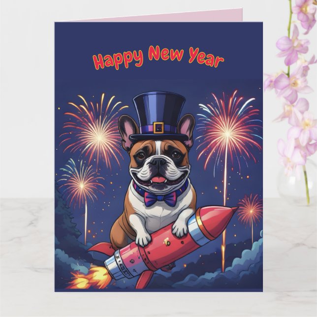 Carte Bouledogue français Nouvel An French Bulldog  (Orchidée)