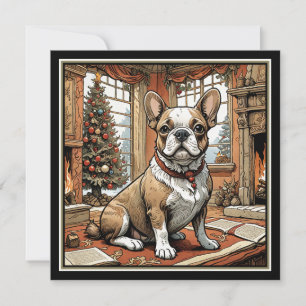 Carte Bouledogue français près d'un sapin de Noël