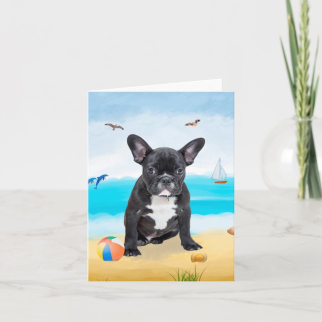 Carte Bouledogue français sur la plage (Devant)
