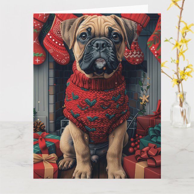Carte Bouledogue Mastiff avec Cheminée de Cadeaux de Noë (Fleur jaune)