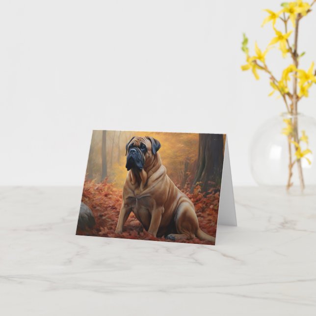 Carte Bouledogue mastiff dans Automne Feuilles tombées I (Fleur jaune)