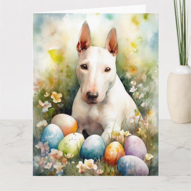 Carte Bouledogue Terrier avec œufs de Pâques de vacances (Devant)