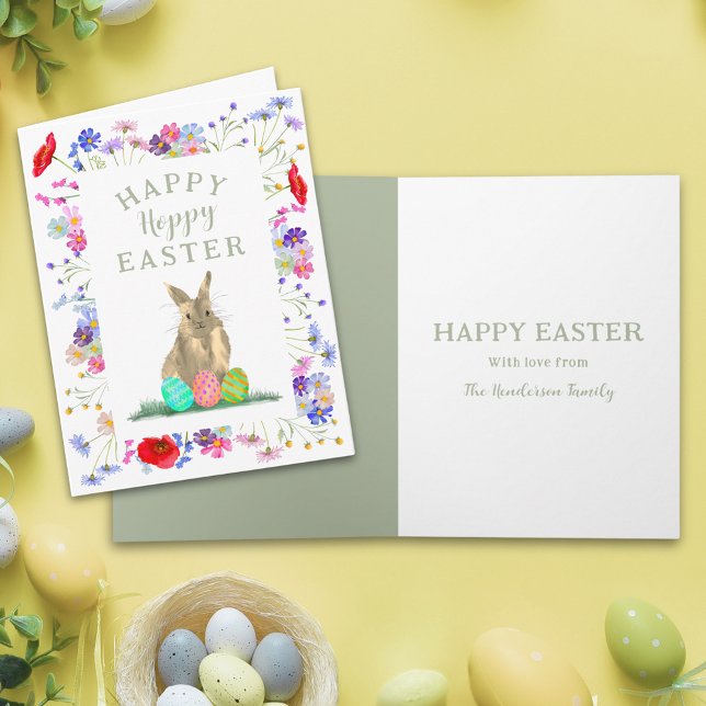 Carte Boulet mou de Pâques et oeufs Floral (Personalized happy hoppy Easter cute bunny watercolor wildflower spring floral folded holiday card)