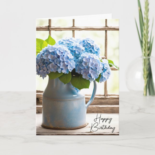 Carte Bouquet d'anniversaire Blue Hydrangea dans la fenê (Devant)