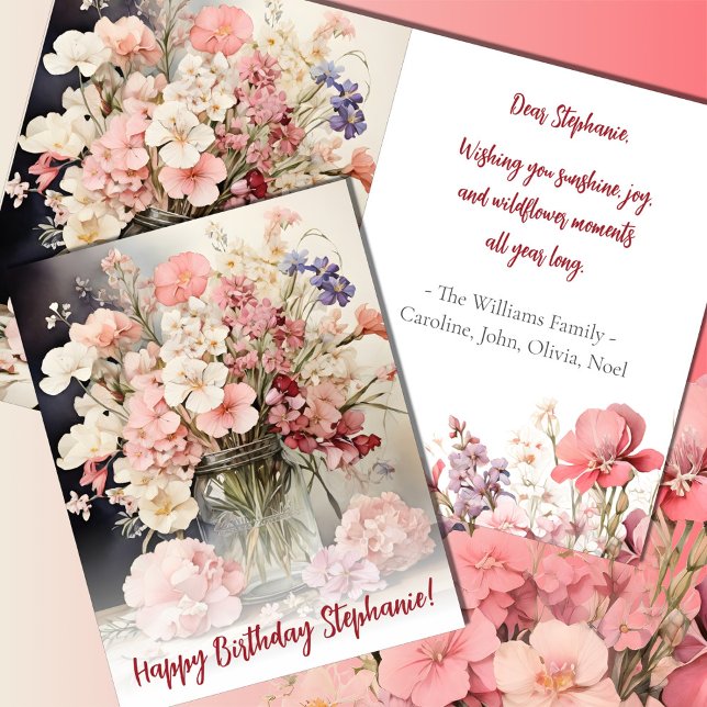 Carte Bouquet d'anniversaire rose d'été à l'aquarelle (Créateur téléchargé)