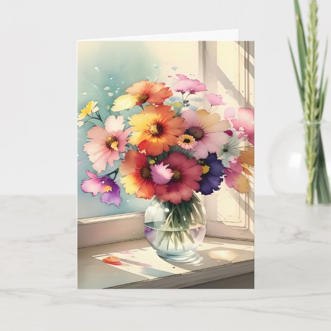 Carte Bouquet dans une fenêtre Ami Anniversaire (Devant)