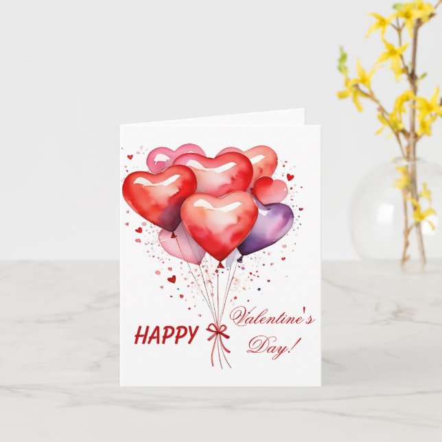 Carte Bouquet de ballons coeurs rouges et roses  (Fleur jaune)
