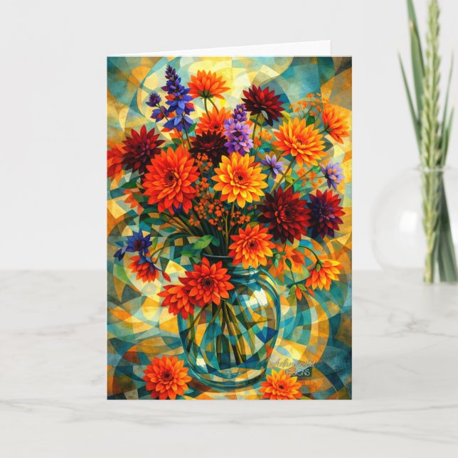 Carte Bouquet de dahlias géométriques vibrant (Devant)