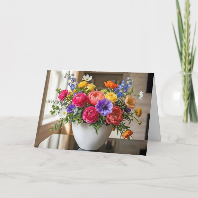 Carte Bouquet de fleurs d'été d'anniversaire dans un vas (Devant)
