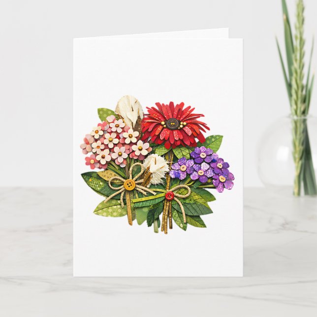 Carte    Bouquet de fleurs fait main en techniques mixte (Devant)