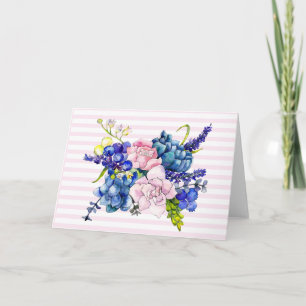 Carte Bouquet de fleurs rose et bleu Aquarelle Note