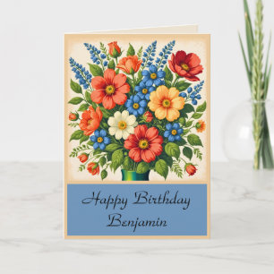 Carte Bouquet de fleurs vintage bleu plié pour anniversa