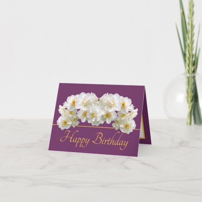 Carte Bouquet de jonquille blanc violet or Joyeux annive (Devant)