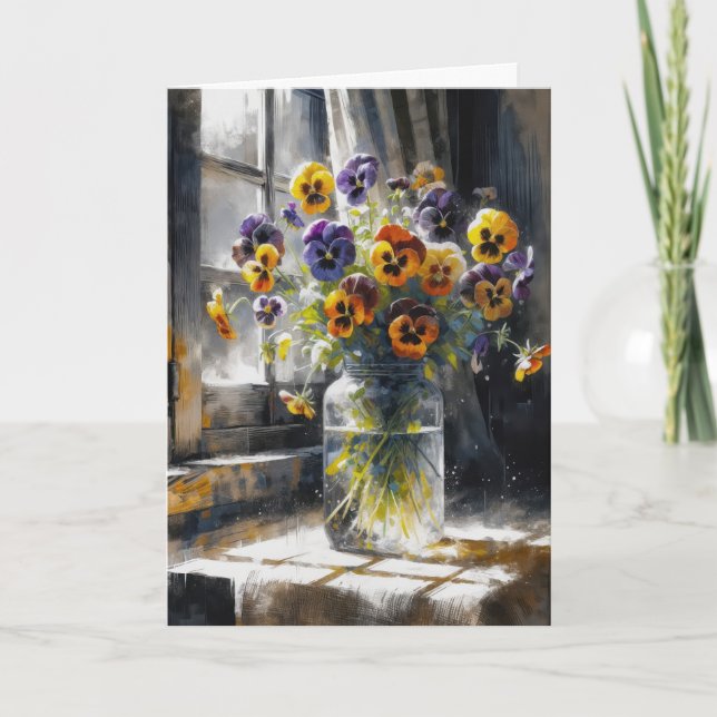 Carte Bouquet De Pansy Anniversaire En Jarre De Verre (Devant)